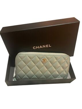 Authentic Chanel Mint Green Caviar Leather Classic Zip Around Wallet GHW